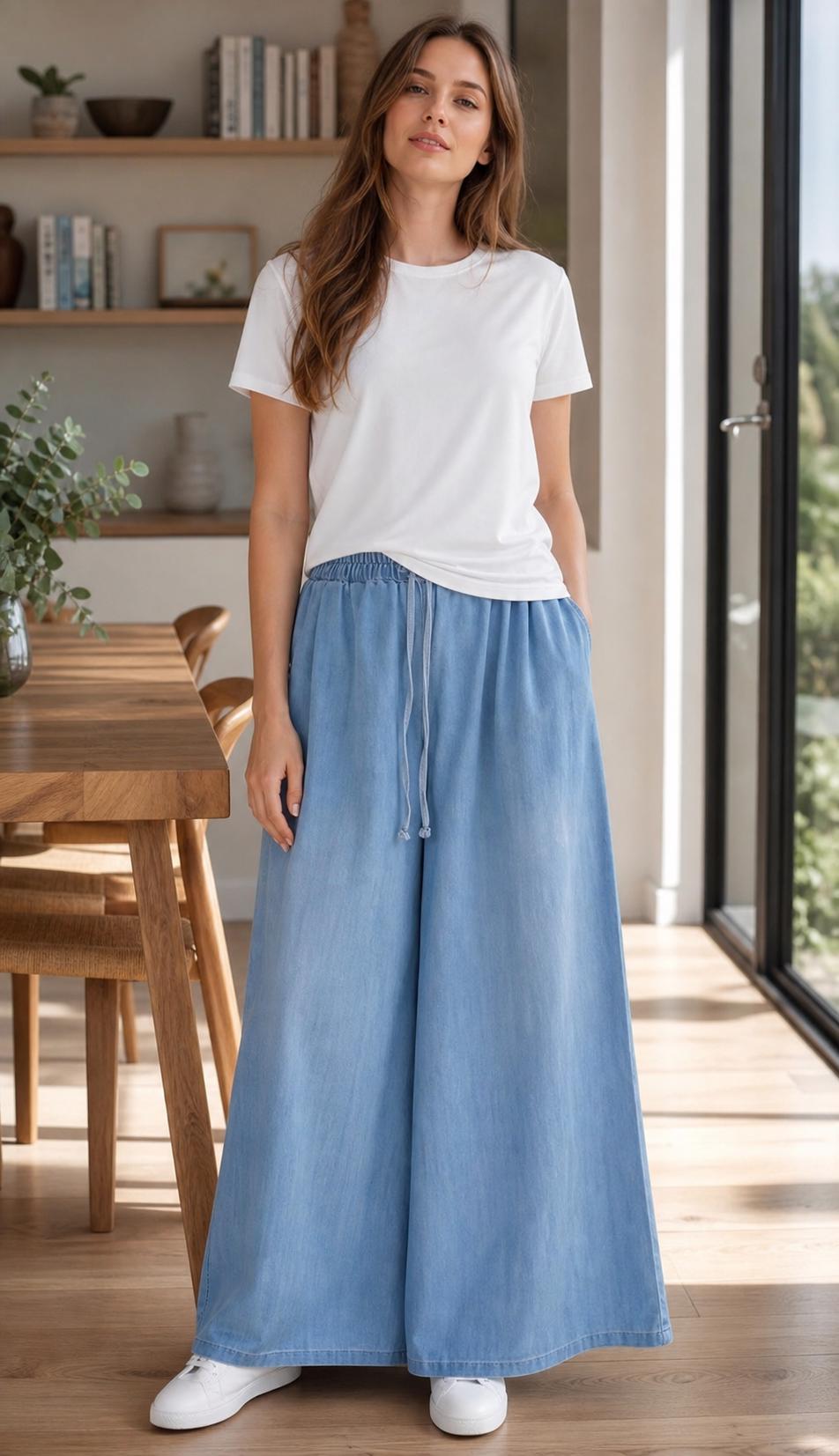 Light Blue Drawstring Wide Leg Denim Pants