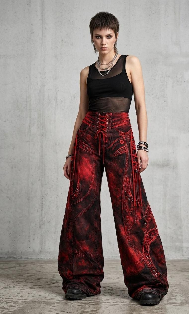 Red Black Acid Wash Lace-Up Wide Leg Denim Jeans