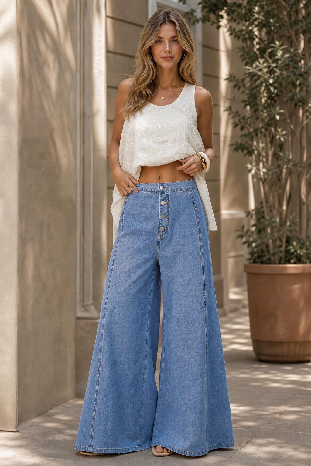 Casual drawstring light blue stretch wide-leg jeans