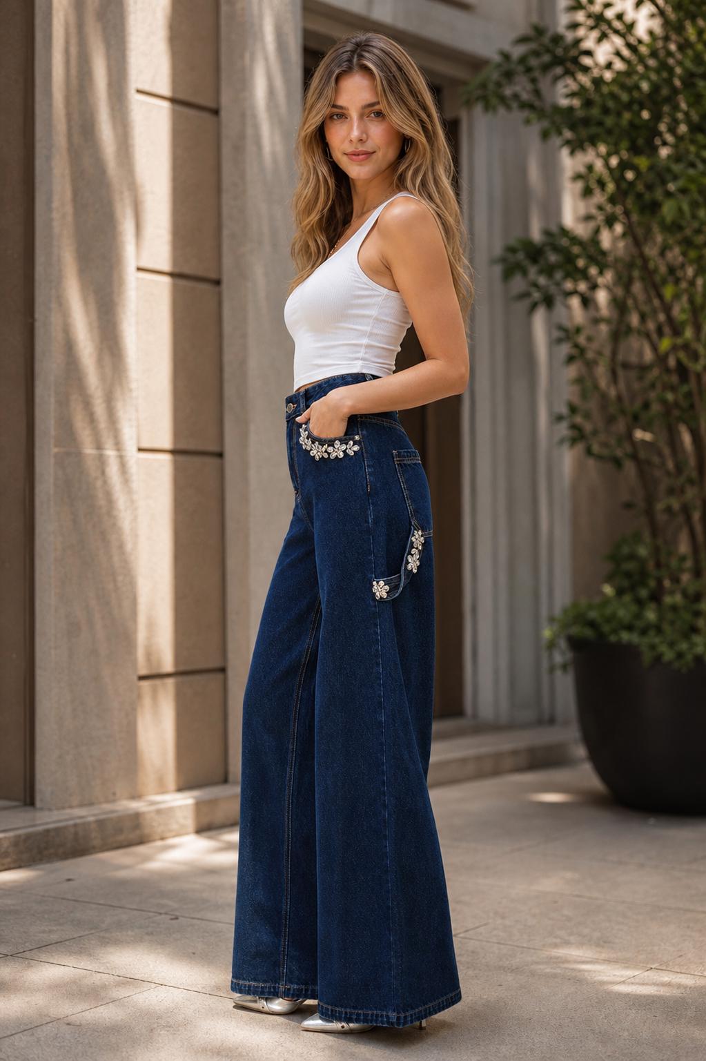 Dark Blue High Waist Wide Leg Denim Jeans with Rhinestone Pocket Detai