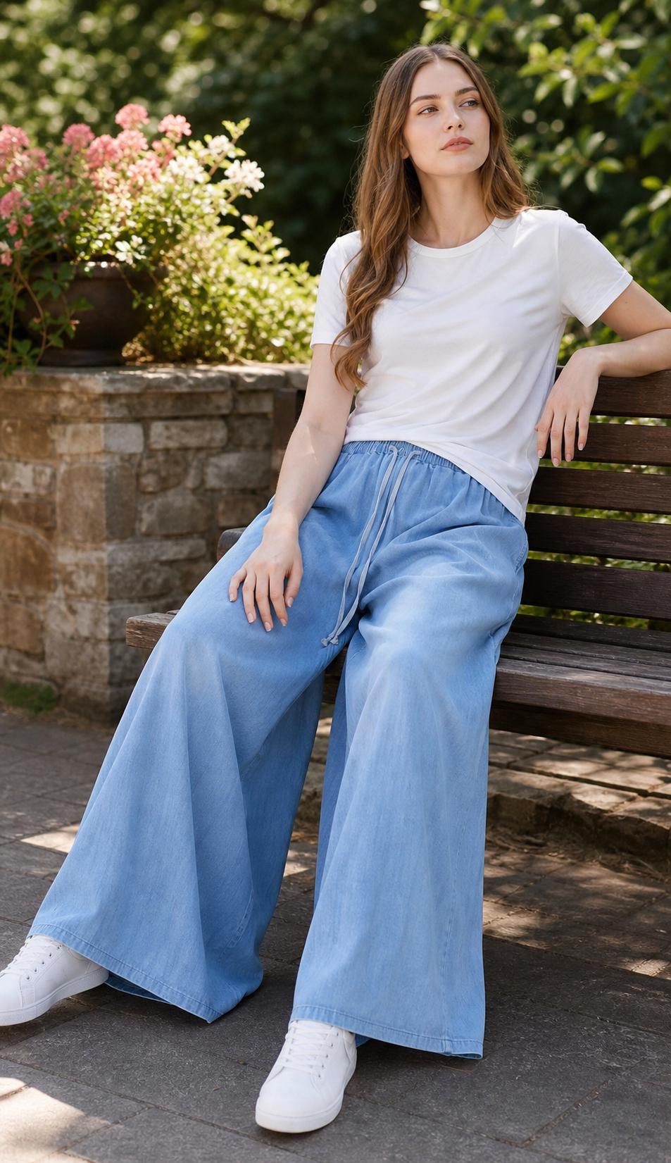 Light blue high-waisted button-front wide-leg jeans