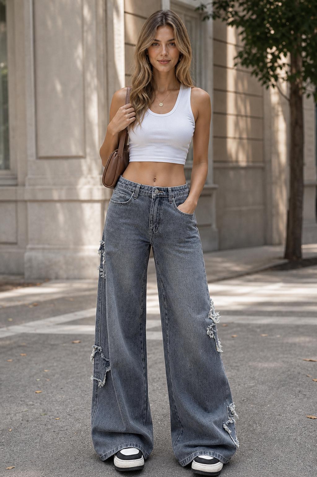 Star-shaped grey distressed wide-leg jeans